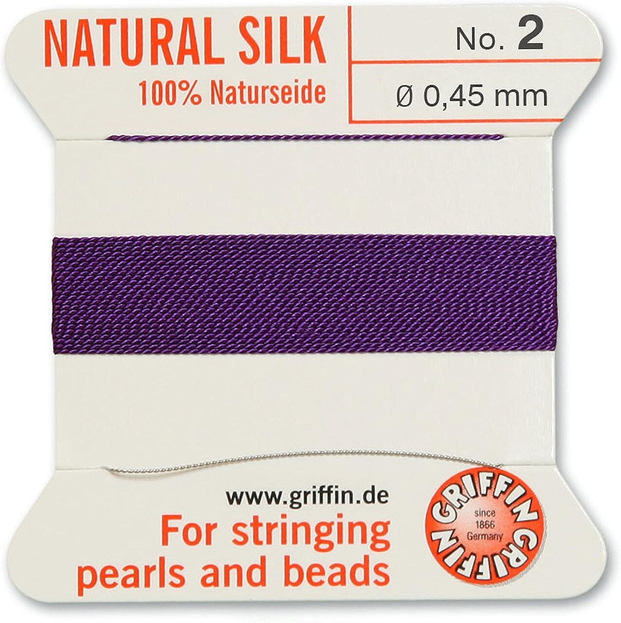 Griffin Silk Bead Cord Perlseide – Size 2 (0.45mm) – 2 Meters per Card – Stainless Steel Needle Attached – for Knotting Pearls, Gemstones, Crystals and Beads